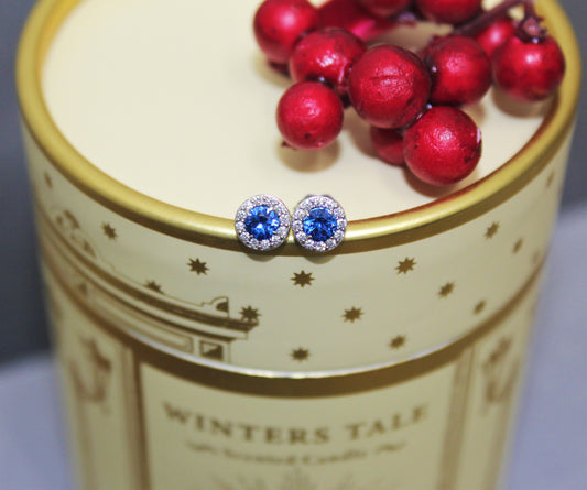 Blue Sapphire Halo Stud Earrings
